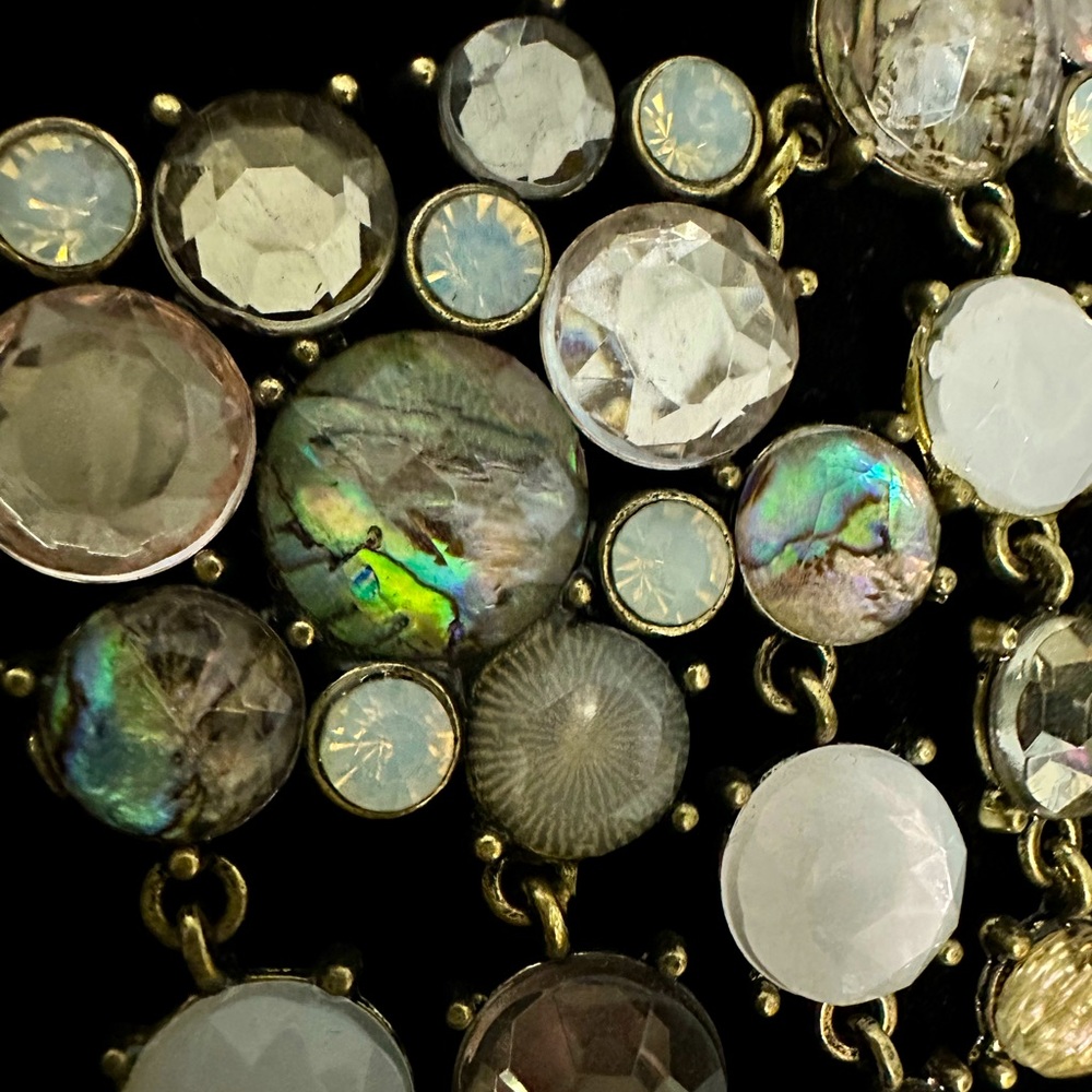 lush jeweled statement necklace with clear rhinestones faux opals faux abalone.